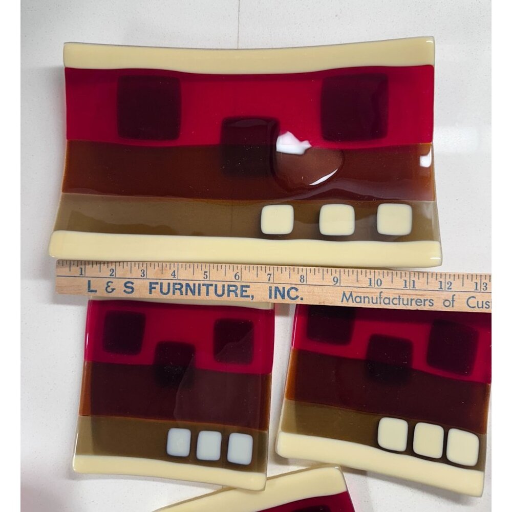 Fused Art Glass Set of 4 Dishes Sushi Style Retro Geometric Design Vtg - Picture 6 of 9